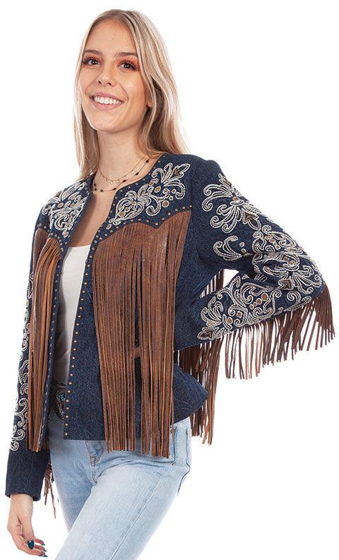 Scully Leather Denim Embroidered Studded Fringe Jacket - Flyclothing LLC