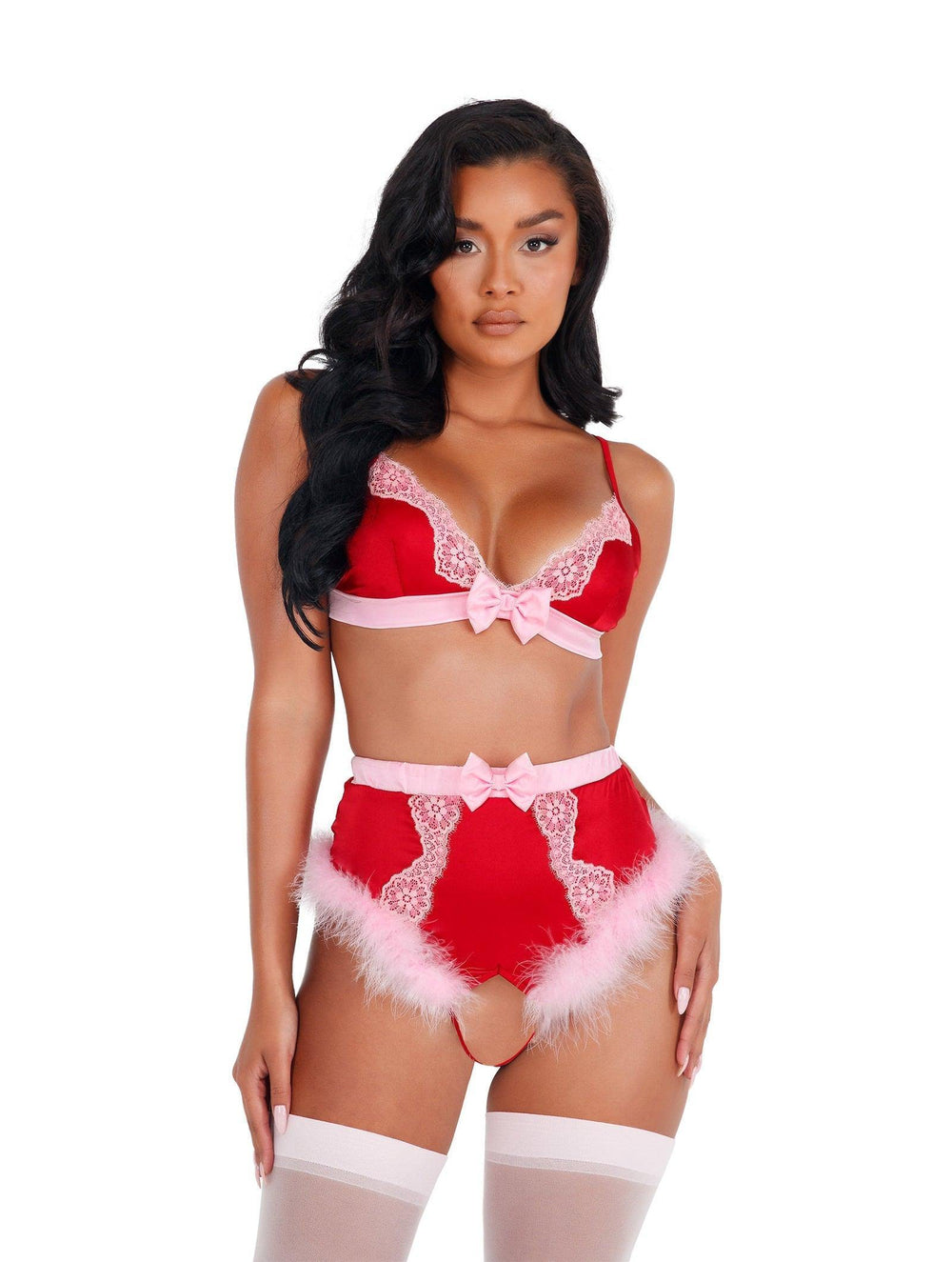 Roma Costume 2pc Lace & Satin Marabou Bra Set - Roma Costume