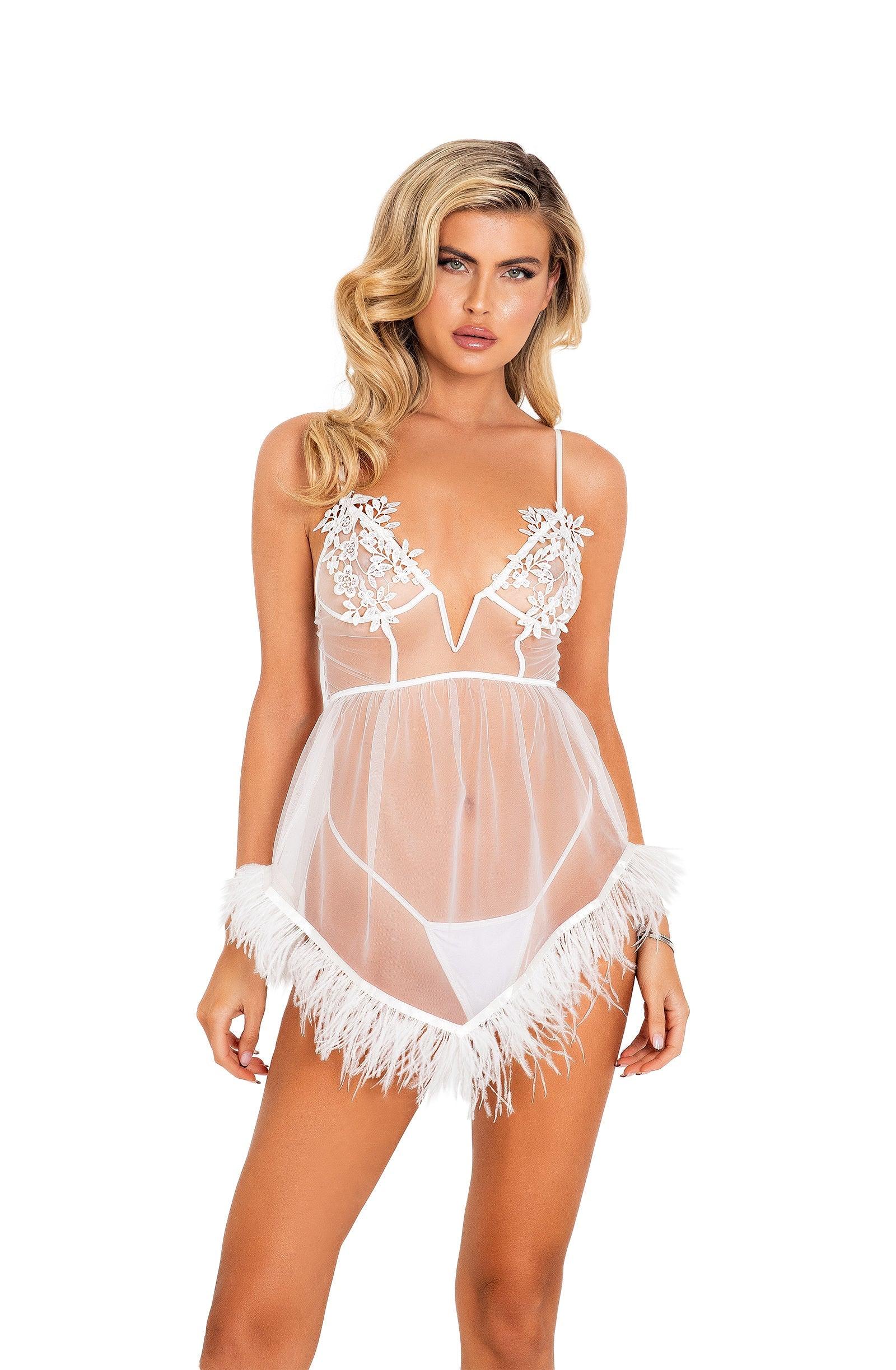 Roma Costume 2pc Bridal Corset Chemise with Ostrich Feather Trim & Panty - Flyclothing LLC