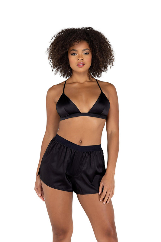 Roma Costume 2PC Satin Lounge Set with Triangle Top & Boxer Shorts - Flyclothing LLC