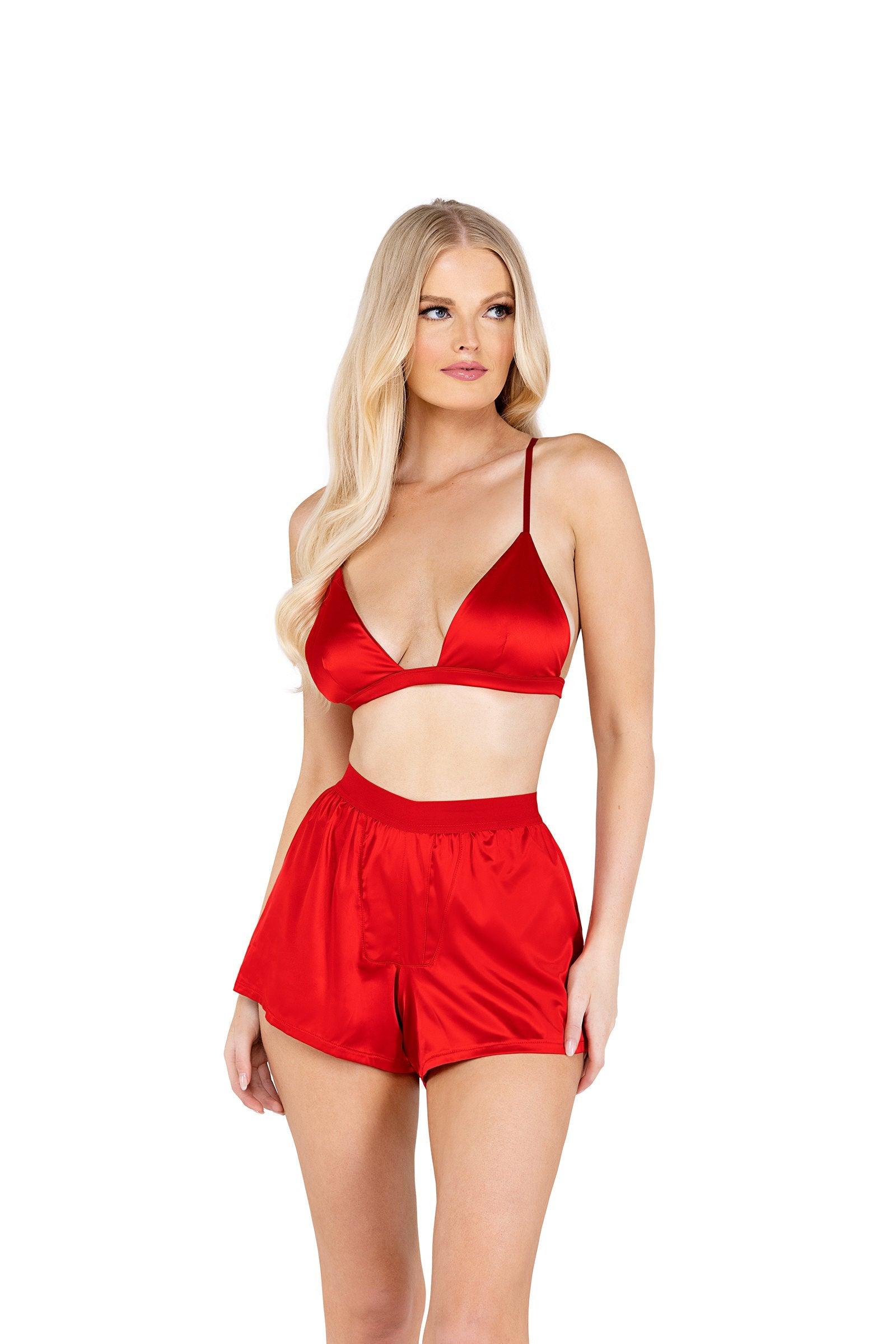 Roma Costume 2PC Satin Lounge Set with Triangle Top & Boxer Shorts - Flyclothing LLC