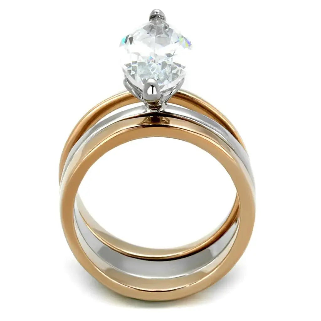 Alamode Two-Tone IP Rose Gold Stainless Steel Ring with AAA Grade CZ in Clear - Alamode - Flyclothing LLC