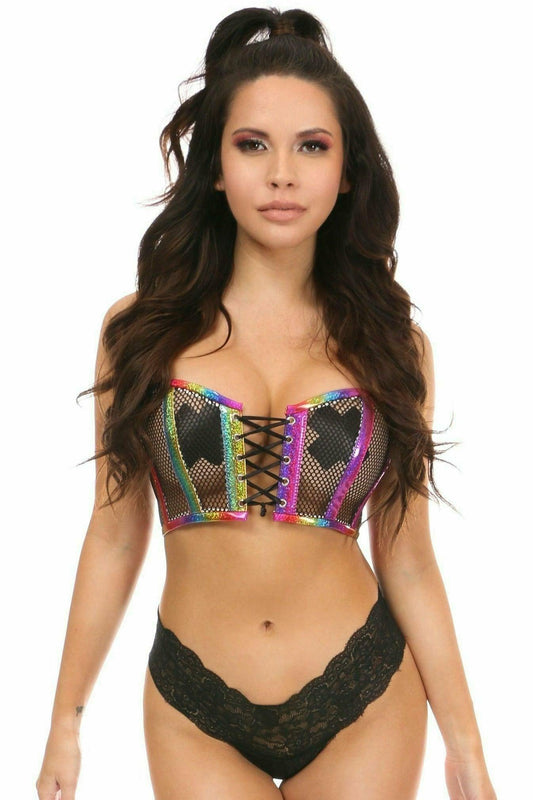 Daisy Corsets Lavish Rainbow PVC Glitter & Fishnet Lace-Up Short Bustier Top - Daisy Corsets