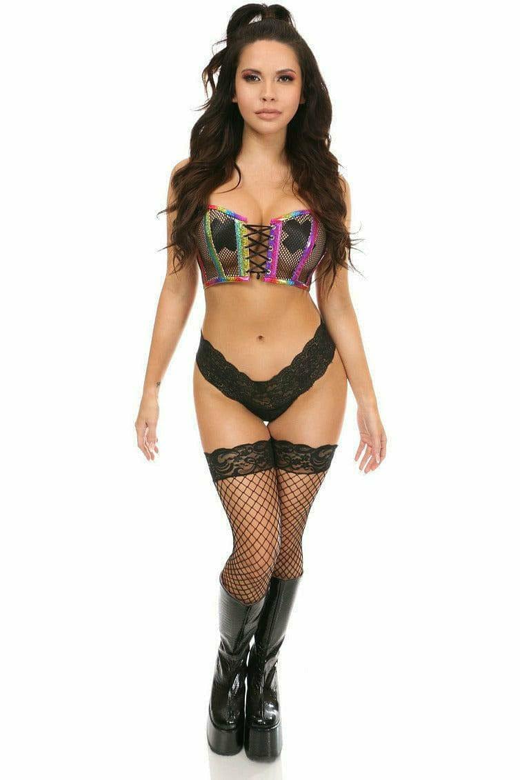 Daisy Corsets Lavish Rainbow PVC Glitter & Fishnet Lace-Up Short Bustier Top - Daisy Corsets