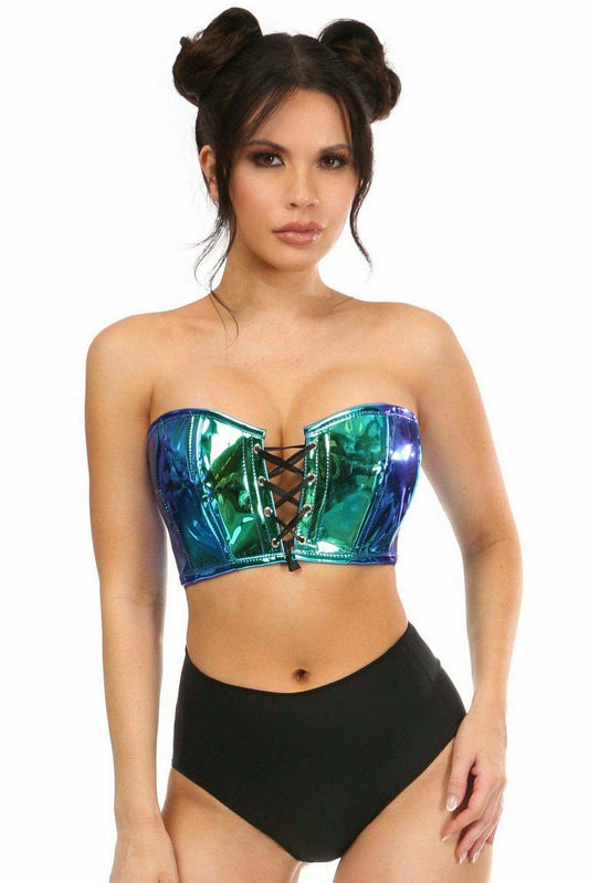 Daisy Corsets Lavish Teal/Blue Holo Lace-Up Short Bustier Top - Daisy Corsets - Flyclothing LLC