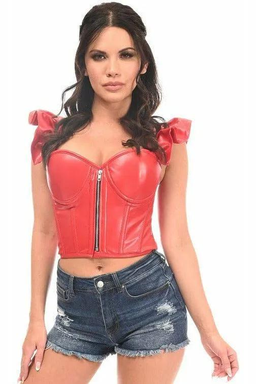 Daisy Corsets Lavish Red Faux Leather Bustier Top w/Ruffle Sleeves - Daisy Corsets