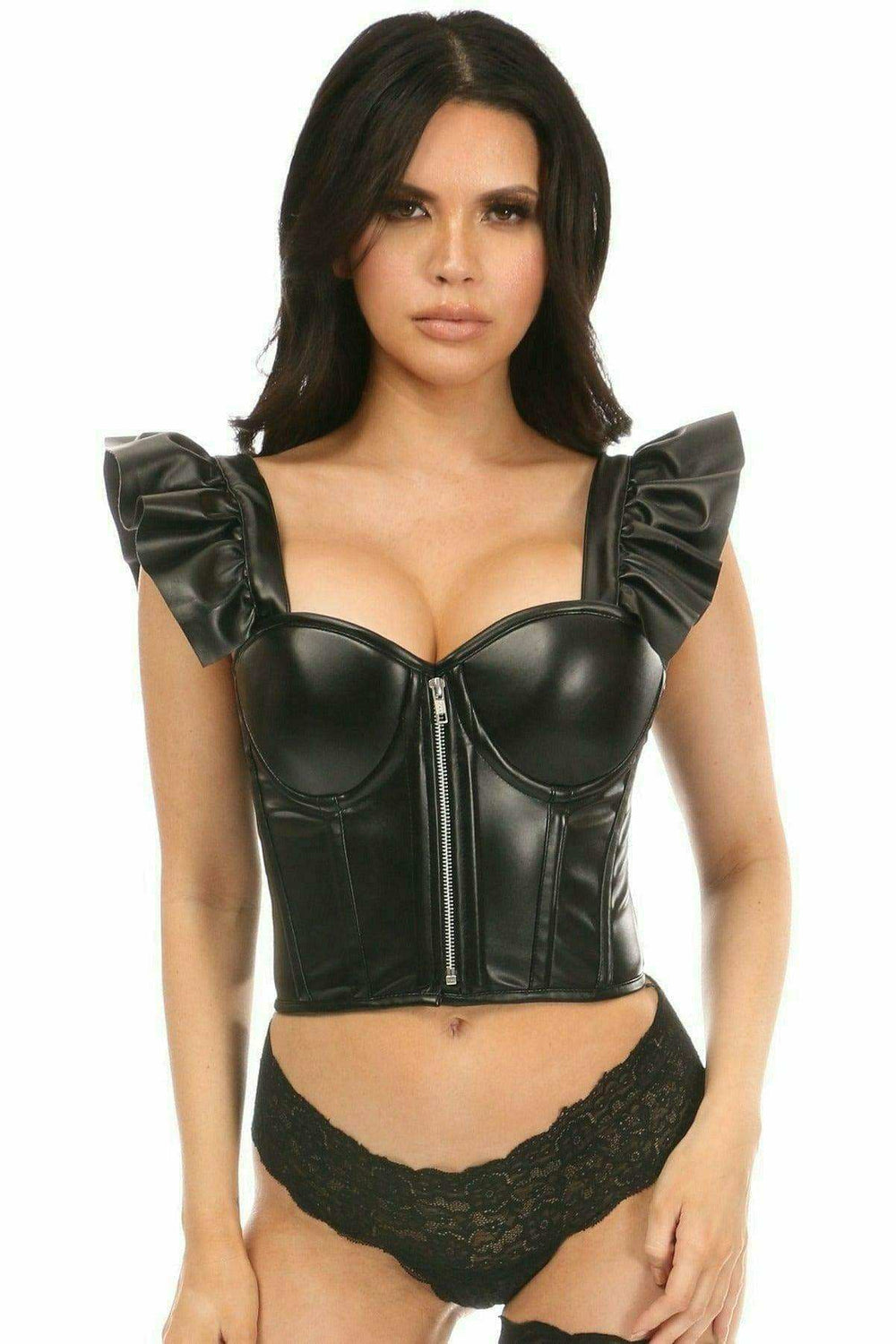 Daisy Corsets Lavish Black Faux Leather Bustier Top w/Ruffle Sleeves - Daisy Corsets - Flyclothing LLC