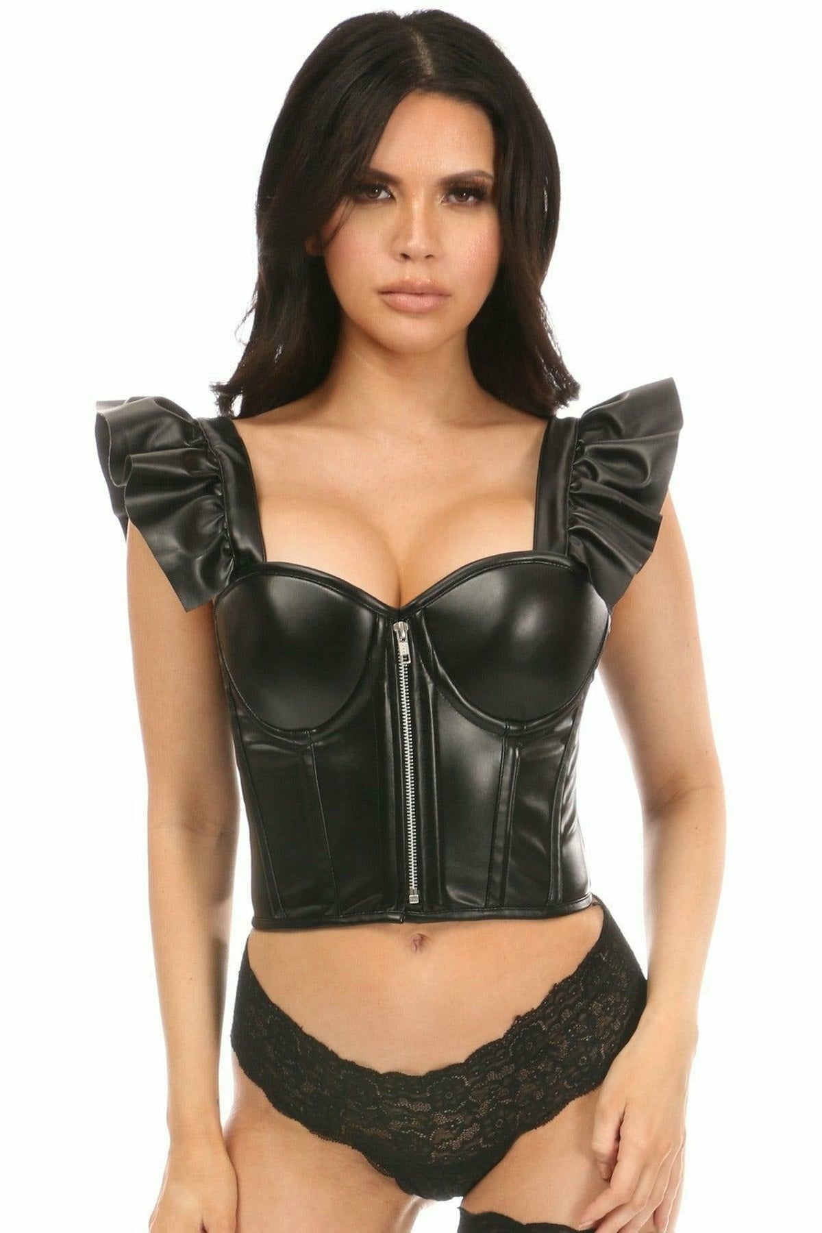 Daisy Corsets Lavish Black Faux Leather Bustier Top w/Ruffle Sleeves