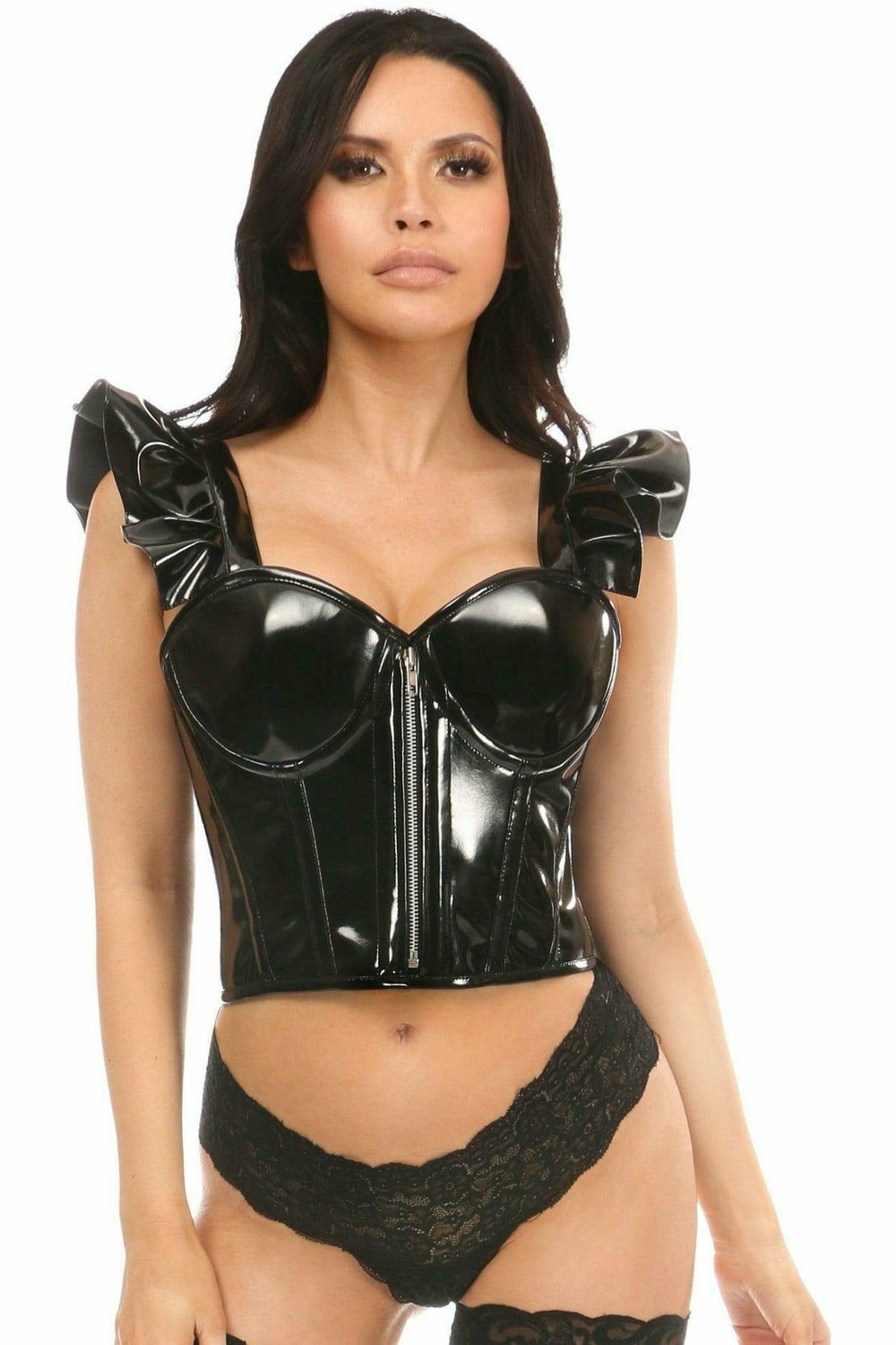 Daisy Corsets Lavish Black Patent Bustier Top w/Ruffle Sleeves - Daisy Corsets