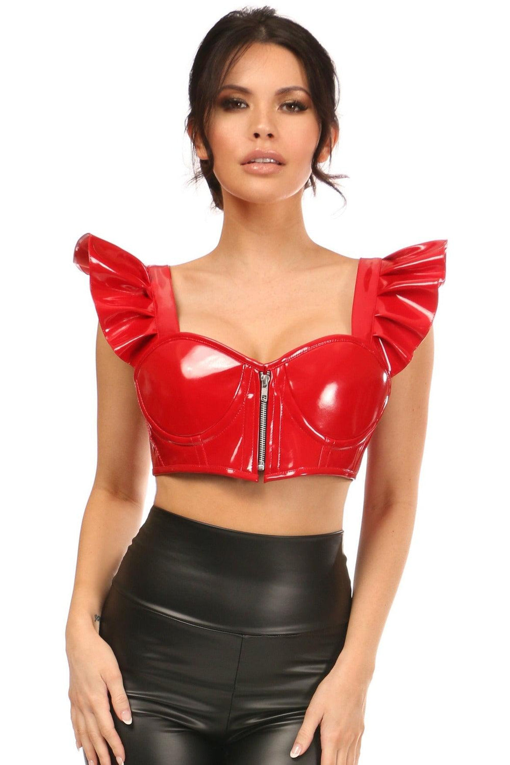 Daisy Corsets Lavish Red Patent Underwire Bustier Top w/Removable Ruffle Sleeves - Daisy Corsets