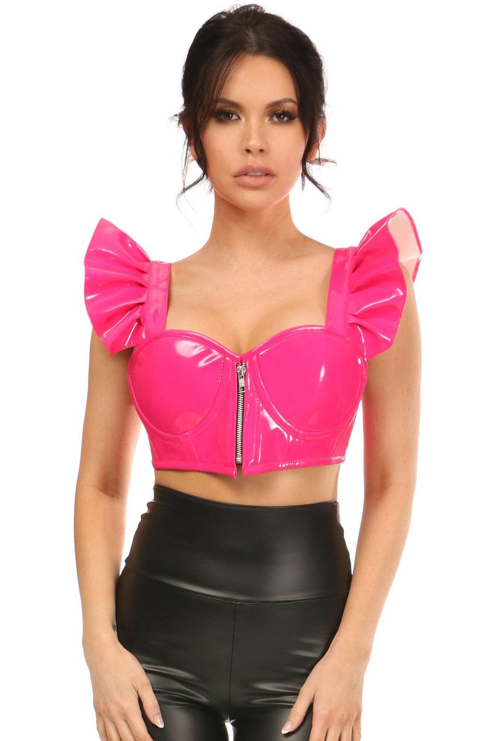 Daisy Corsets Lavish Hot Pink Patent Underwire Bustier Top w/Removable Ruffle Sleeves - Daisy Corsets