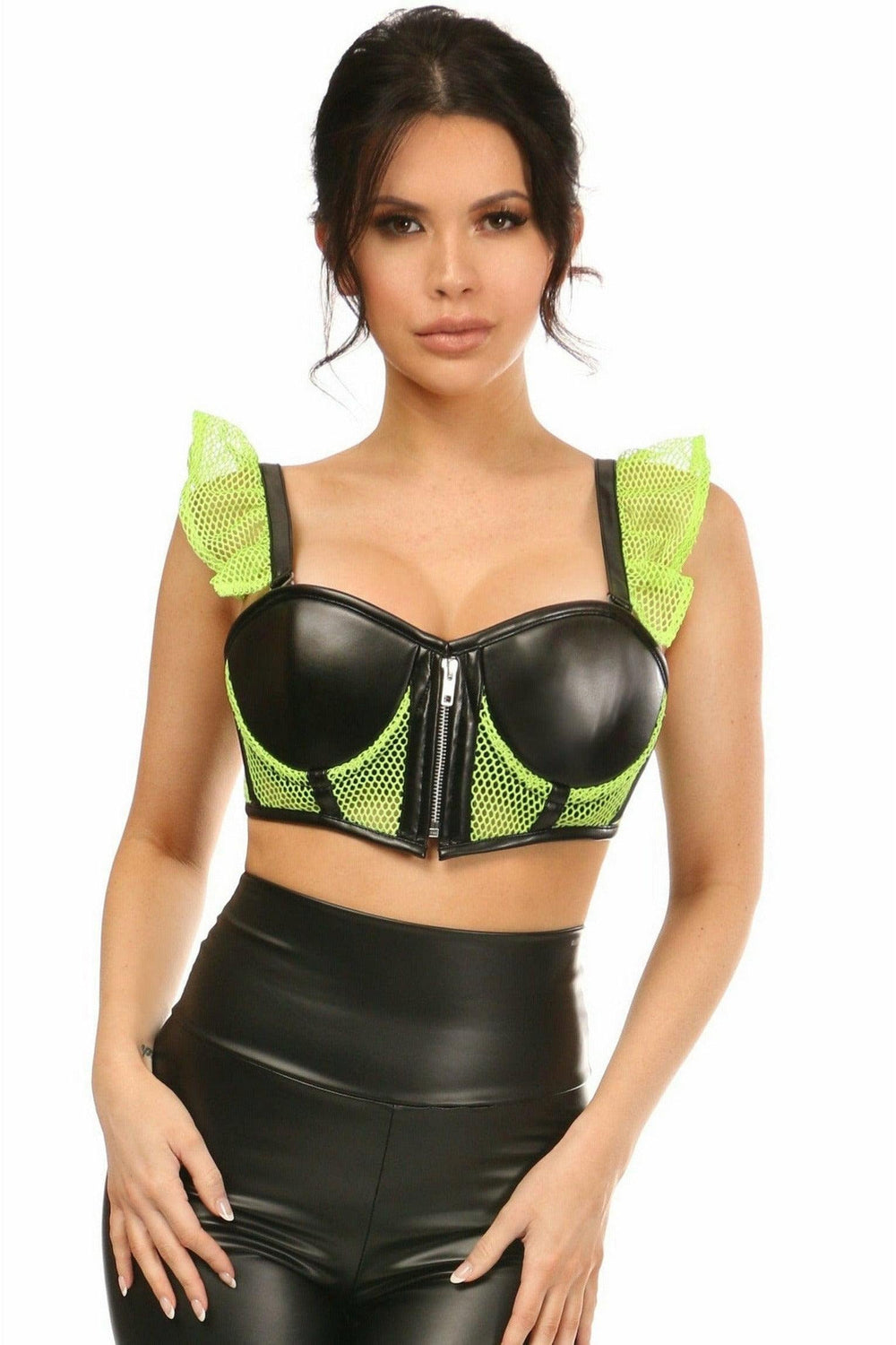 Daisy Corsets Lavish Neon Green Fishnet & Faux Leather Underwire Bustier Top w/Removable Ruffle Sleeves - Daisy Corsets