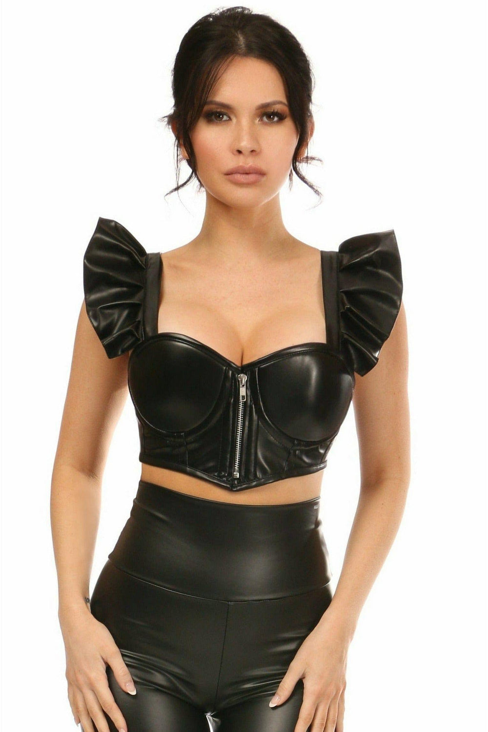 Daisy Corsets Lavish Black Faux Leather Underwire Bustier Top w/Removable Ruffle Sleeves - Daisy Corsets