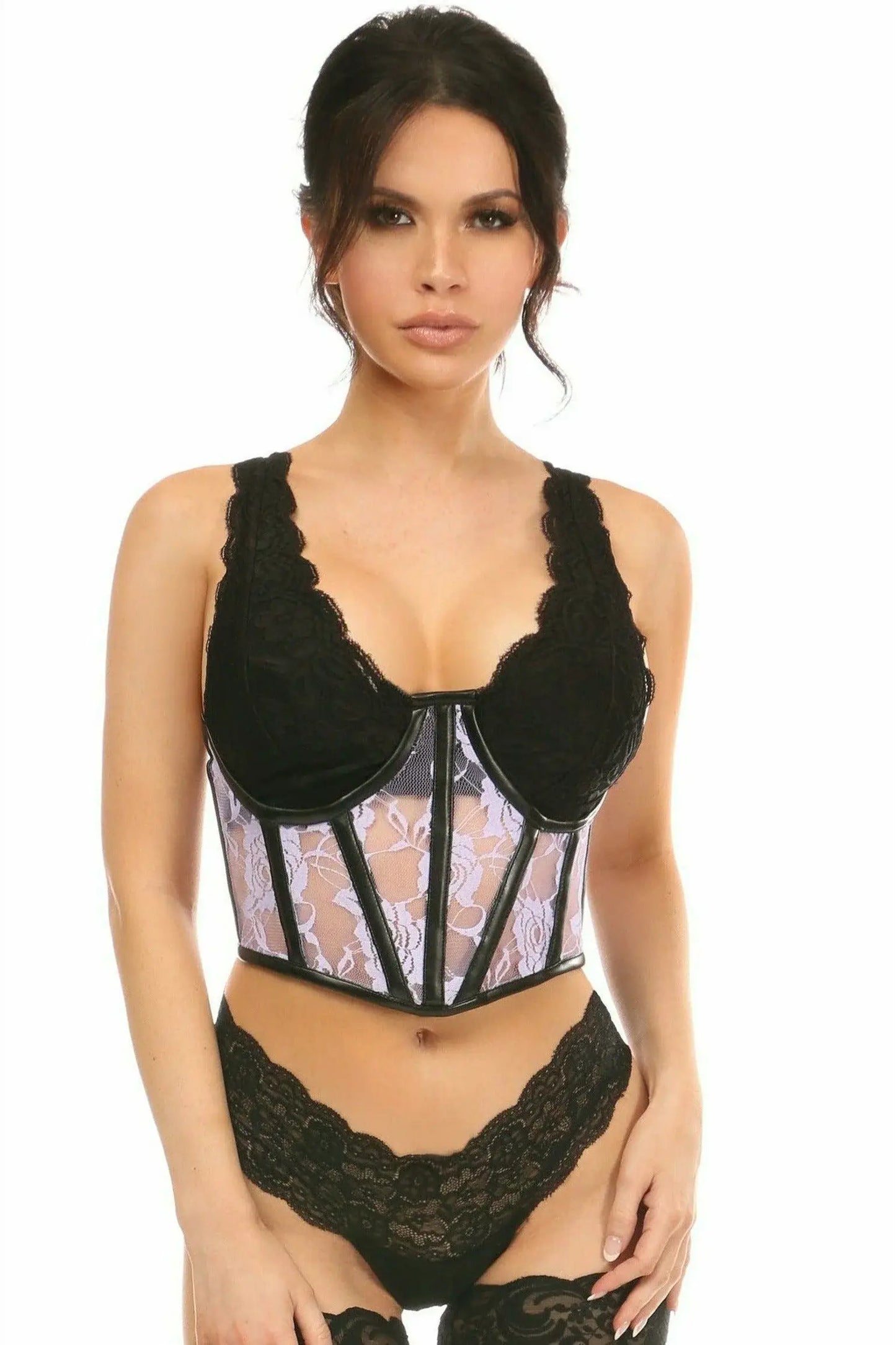 Daisy Corsets Lavish Sheer Lavender Lace & Faux Leather Open Cup Waist Cincher - Daisy Corsets - Flyclothing LLC