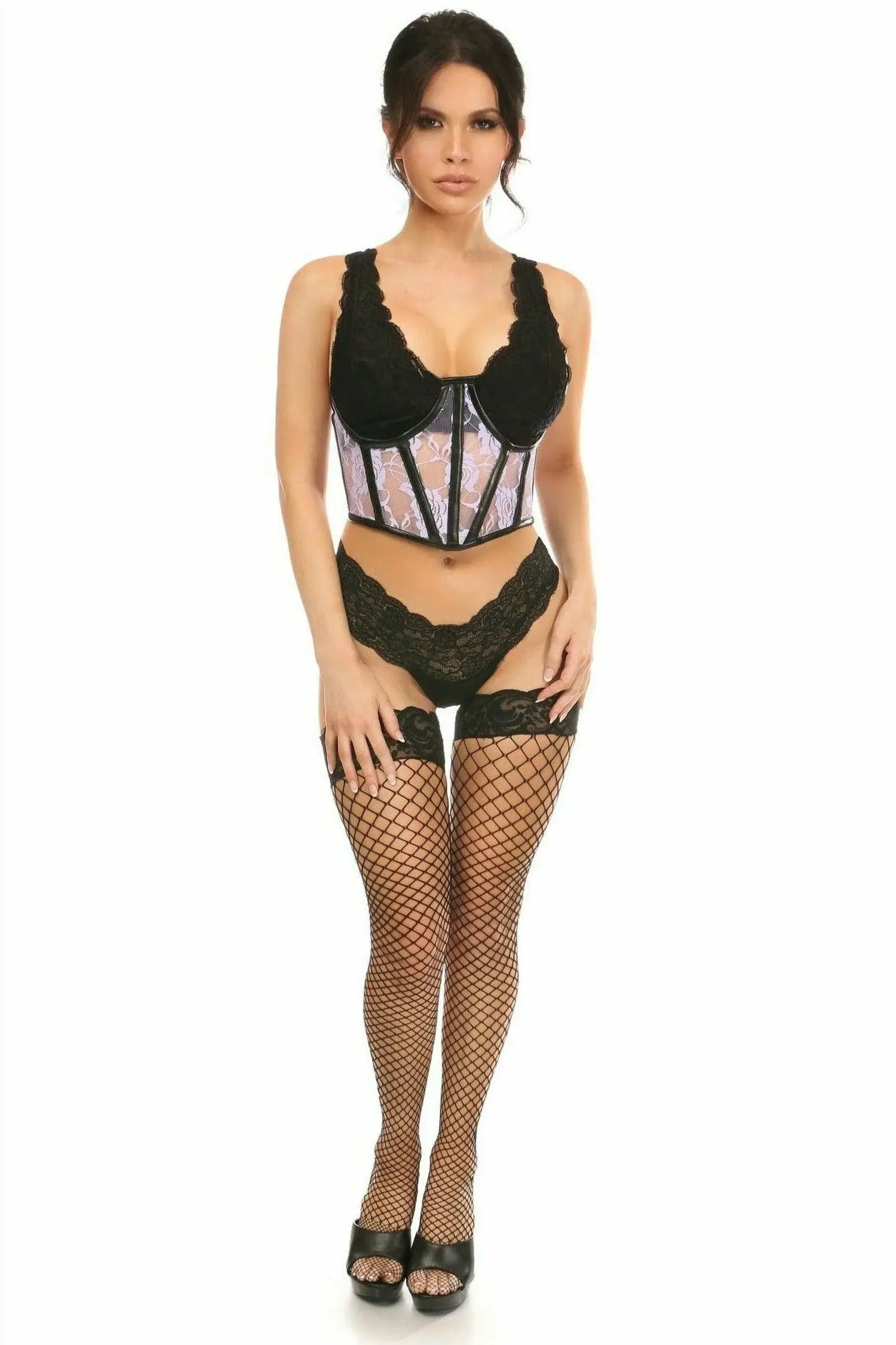 Daisy Corsets Lavish Sheer Lavender Lace & Faux Leather Open Cup Waist Cincher - Daisy Corsets - Flyclothing LLC