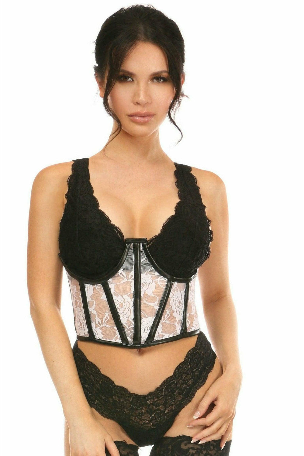 Daisy Corsets Lavish Sheer White Lace & Faux Leather Open Cup Waist Cincher - Daisy Corsets