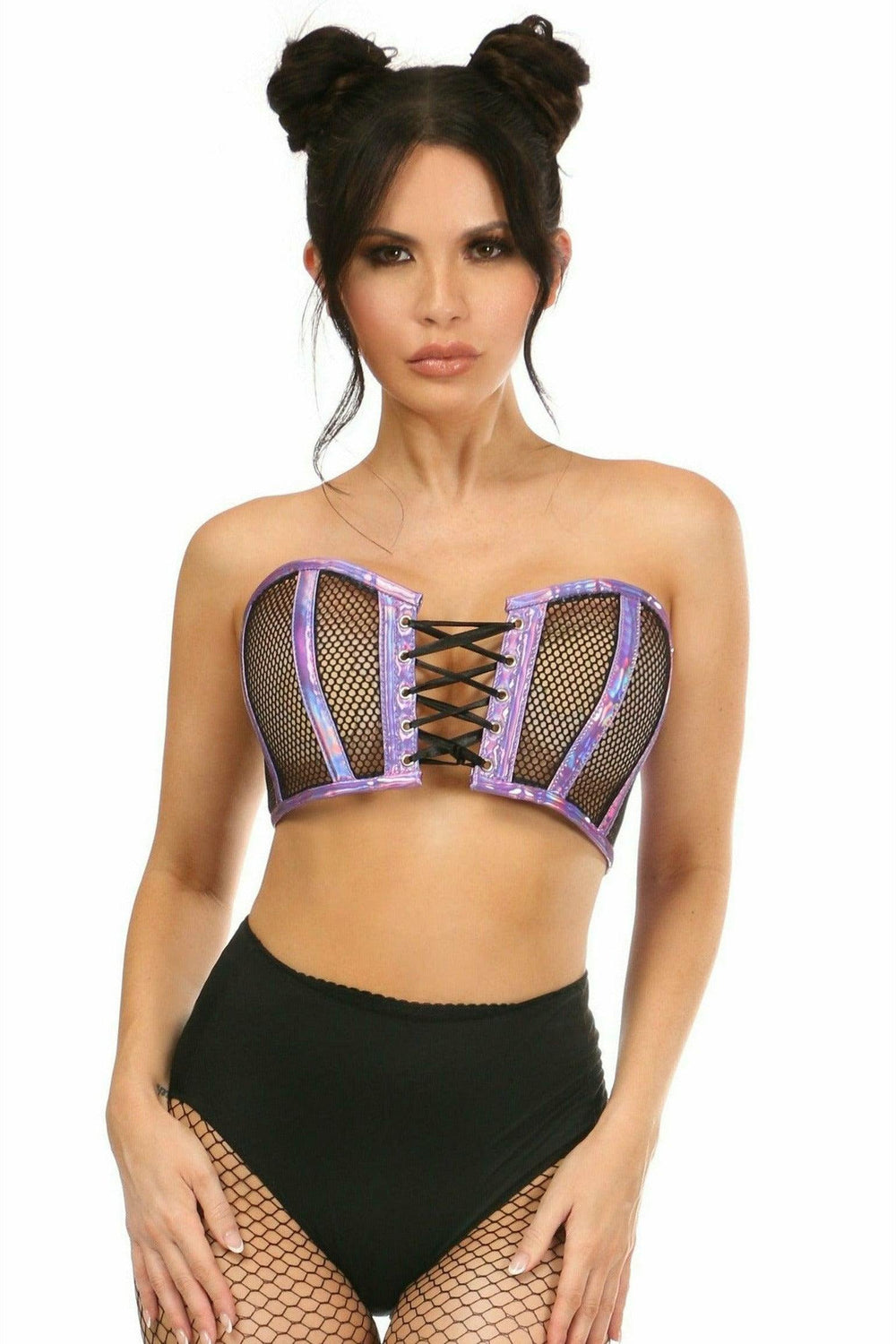 Daisy Corsets Lavish Purple Holo & Fishnet Lace-Up Short Bustier Top - Daisy Corsets