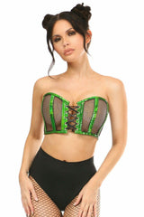 Lavish Green Holo & Fishnet Lace-Up Short Bustier Top - Daisy Corsets