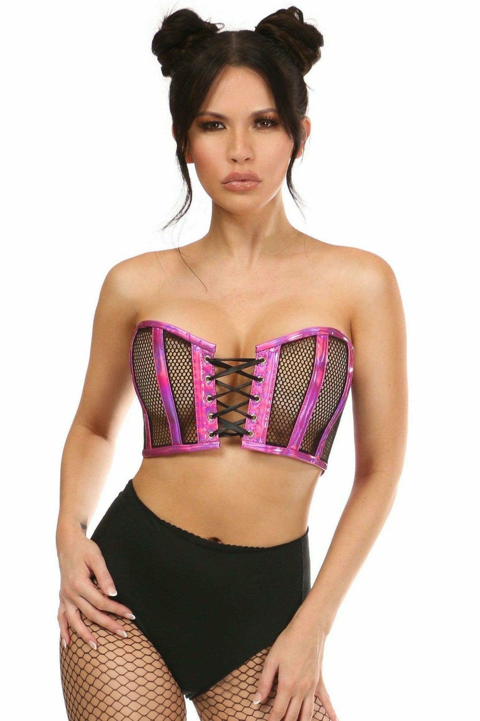 Lavish Fuchsia Holo & Fishnet Lace-Up Short Bustier Top - Daisy Corsets
