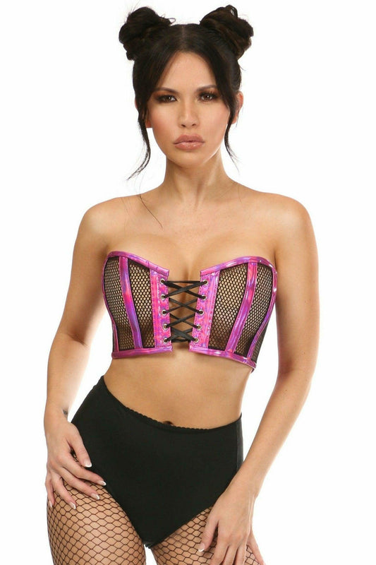 Lavish Fuchsia Holo & Fishnet Lace-Up Short Bustier Top - Daisy Corsets
