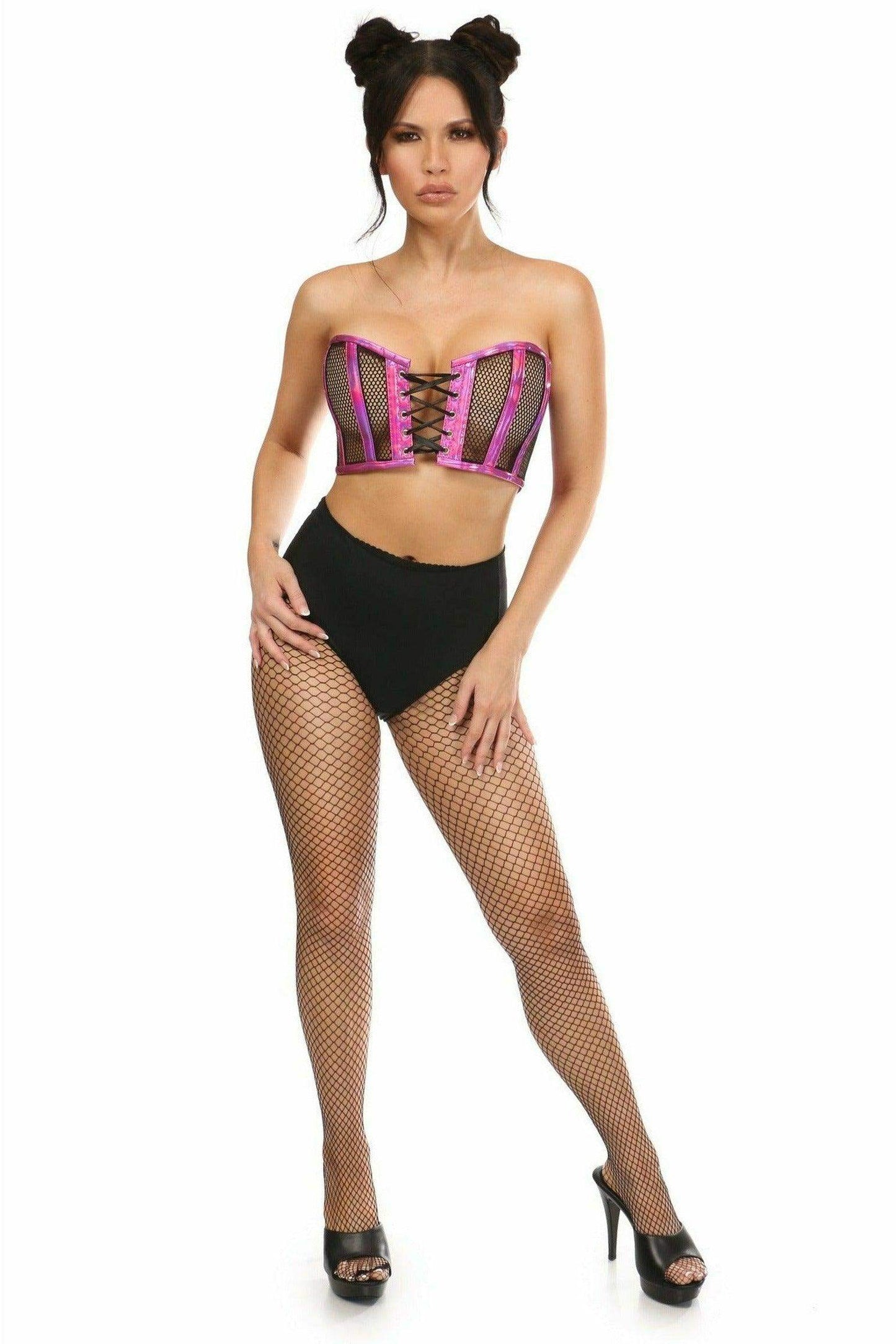 Lavish Fuchsia Holo & Fishnet Lace-Up Short Bustier Top - Daisy Corsets - Flyclothing LLC