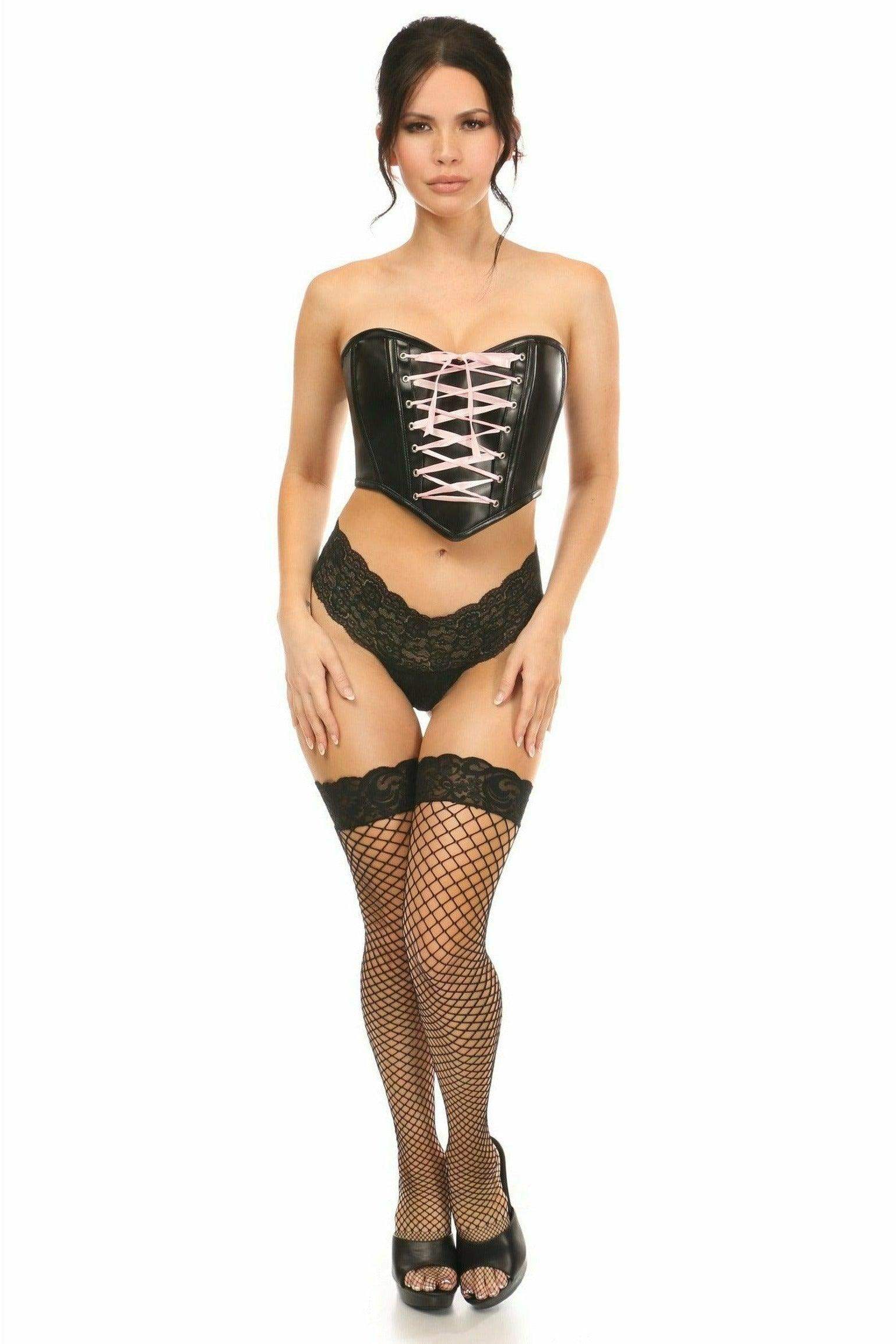 Lavish Black Faux Leather w/Pink Lace-Up Bustier - Daisy Corsets - Flyclothing LLC