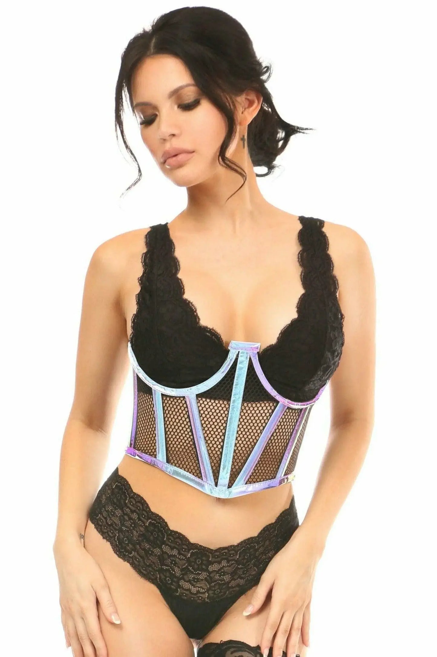 Lavish Blue/Purple Holo & Fishnet Underwire Waist Cincher Corset - Daisy Corsets - Flyclothing LLC