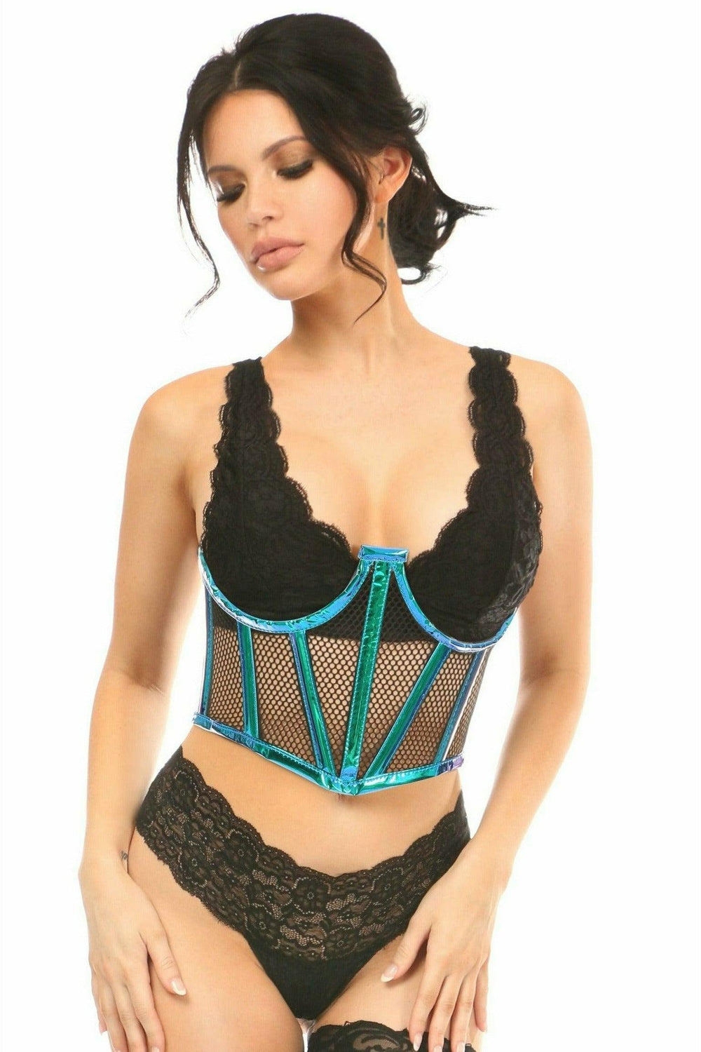 Daisy Corsets Lavish Blue/Teal Holo & Fishnet Underwire Waist Cincher Corset - Daisy Corsets