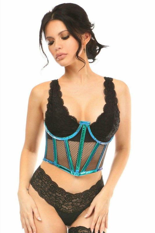 Lavish Blue/Teal Holo & Fishnet Underwire Waist Cincher Corset - Daisy Corsets - Flyclothing LLC
