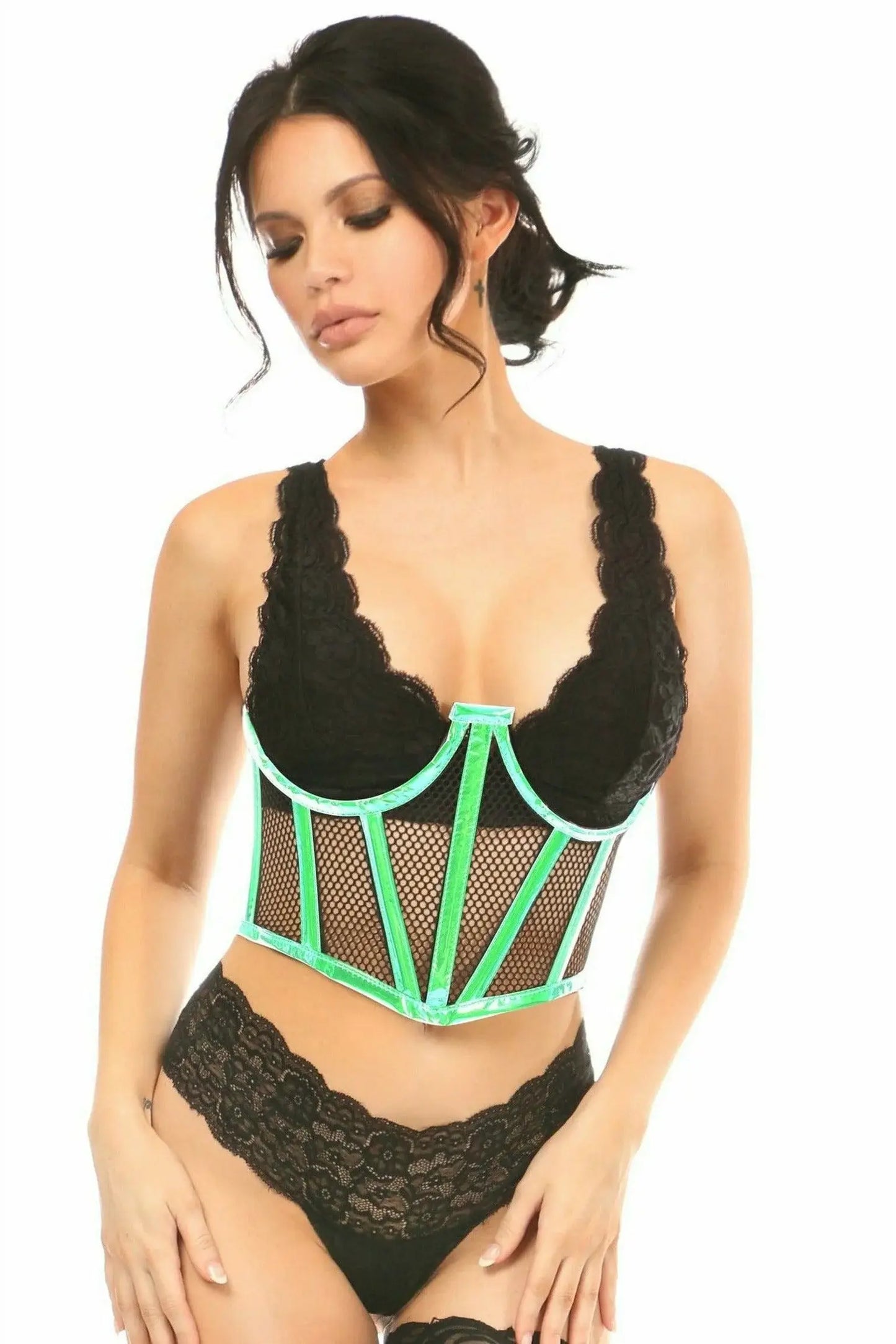 Daisy Corsets Lavish Mint Green Holo & Fishnet Underwire Waist Cincher Corset - Daisy Corsets - Flyclothing LLC