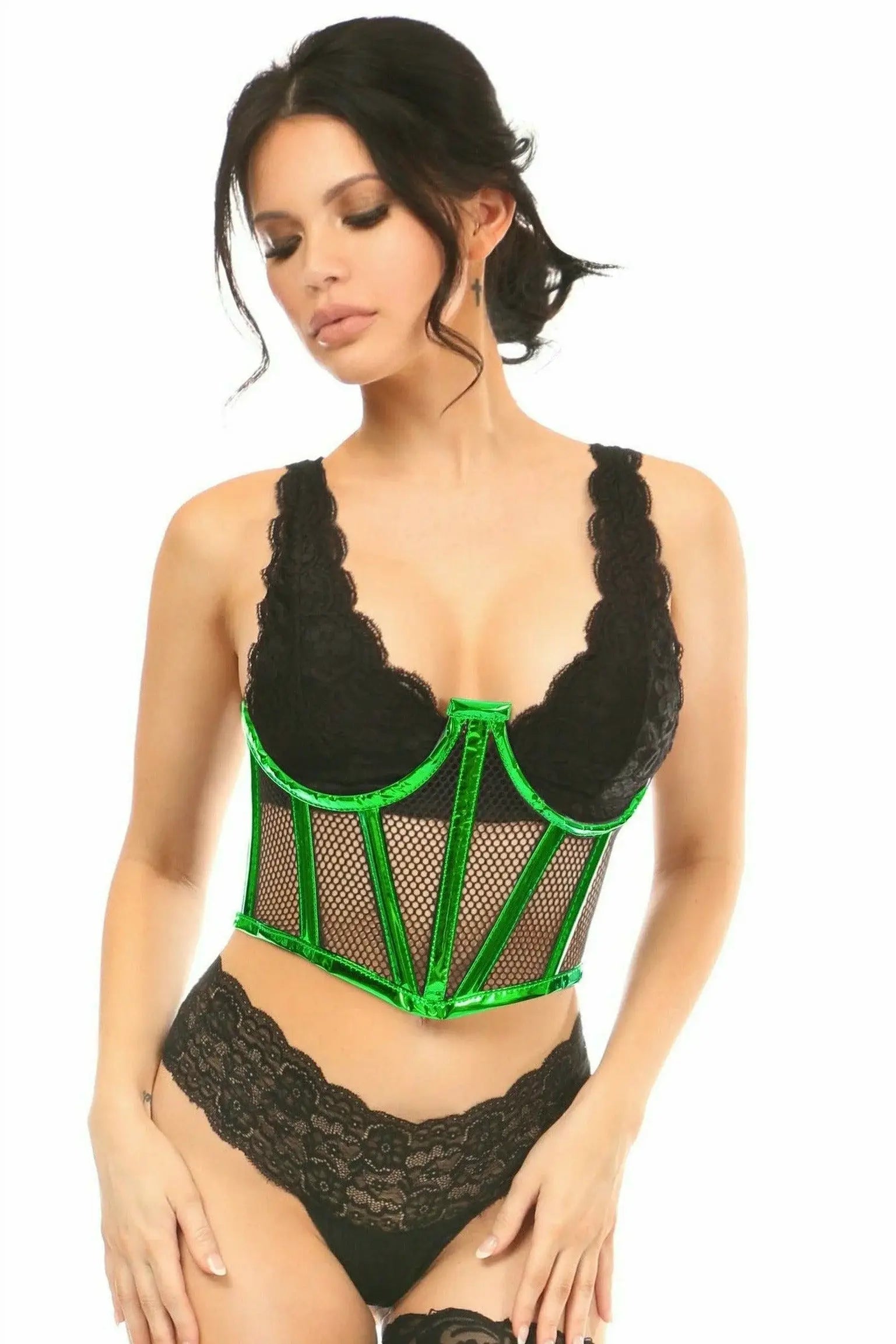 Daisy Corsets Lavish Green Holo & Fishnet Underwire Waist Cincher Corset - Daisy Corsets - Flyclothing LLC