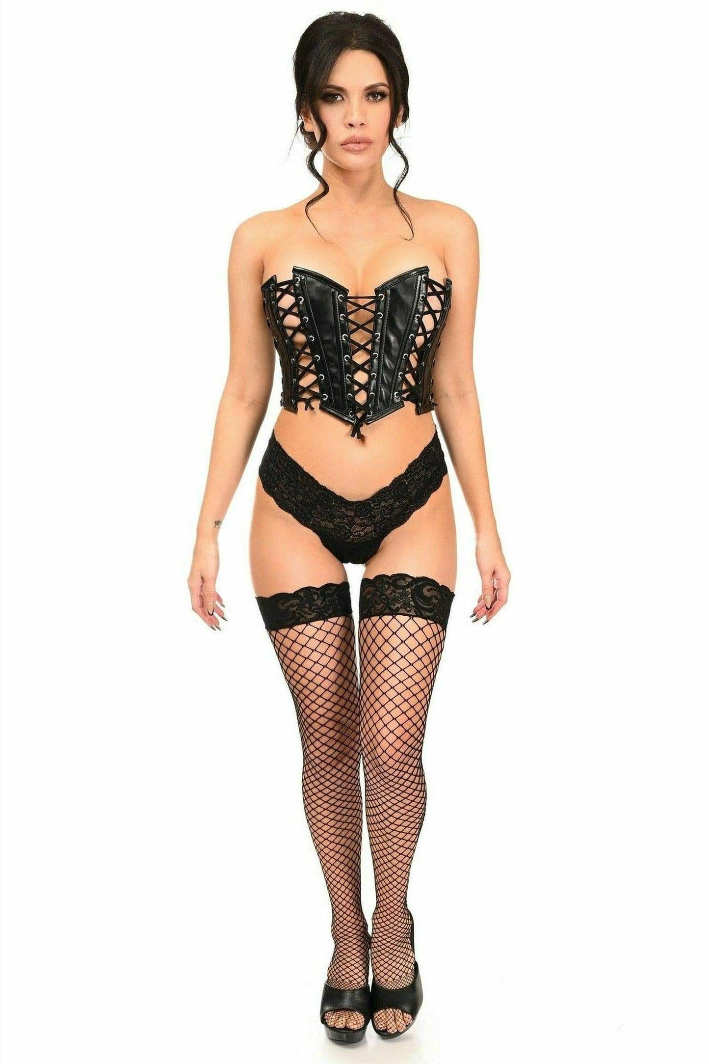 Daisy Corsets Lavish Black Faux Leather w/Black Lacing Lace-Up Bustier - Daisy Corsets - Flyclothing LLC