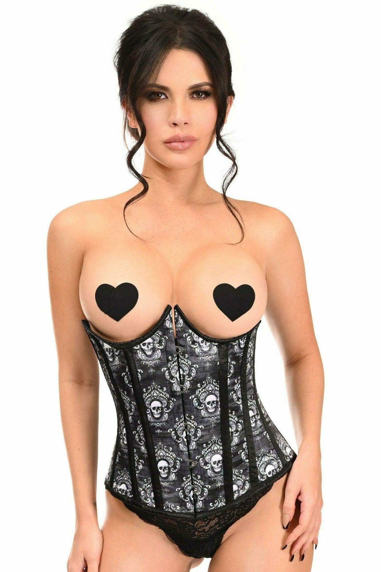 Lavish Black Skull Print Underwire Open Cup Underbust Corset - Daisy Corsets - Flyclothing LLC