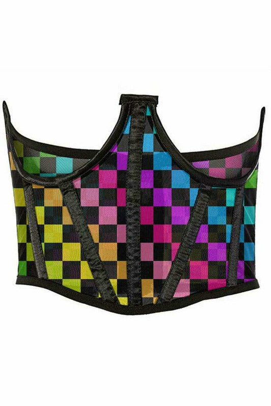 Daisy Corsets Lavish Rainbow Checkers Print Mesh Open Cup Waist Cincher - Daisy Corsets - Flyclothing LLC