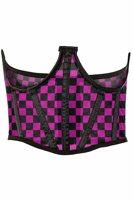 Daisy Corsets Lavish Neon Pink/Black Checker Print Mesh Open Cup Waist Cincher - Daisy Corsets - Flyclothing LLC