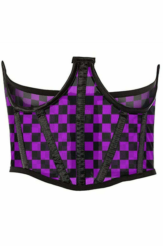 Daisy Corsets Lavish Neon Purple/Black Checker Print Mesh Open Cup Waist Cincher - Daisy Corsets - Flyclothing LLC