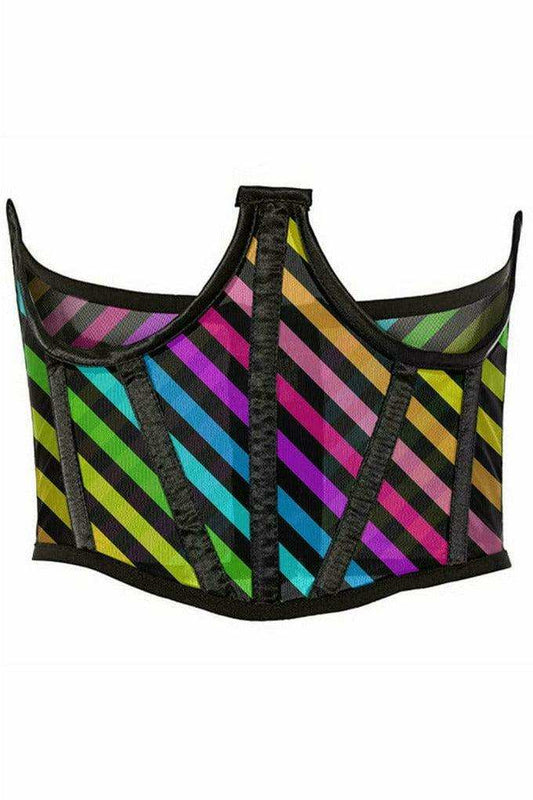 Daisy Corsets Lavish Rainbow Stripes Print Mesh Open Cup Waist Cincher - Daisy Corsets - Flyclothing LLC