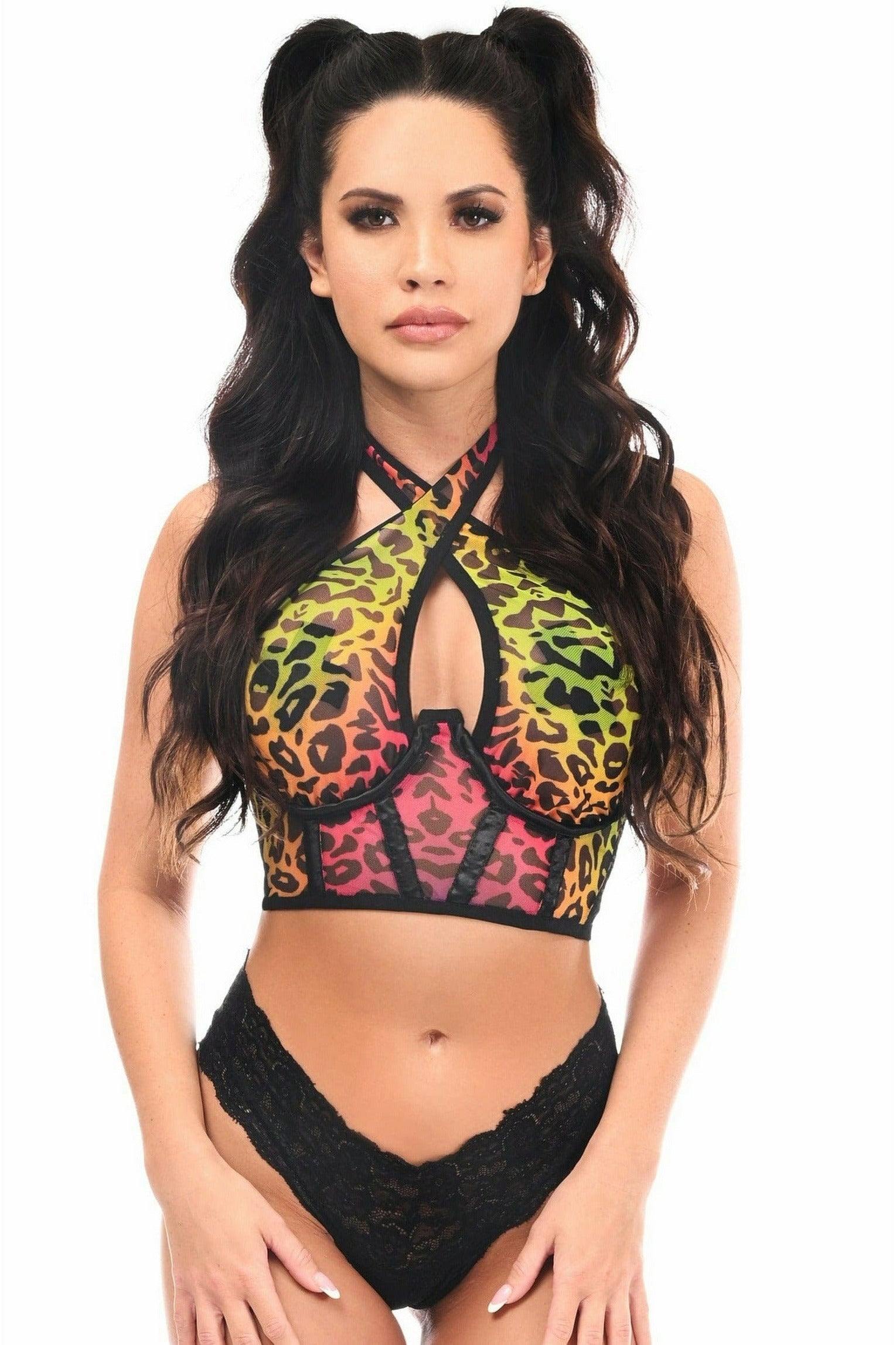 Daisy Corsets Lavish Rainbow Leopard Mesh Underwire Cincher w/Built In Halter Top - Daisy Corsets