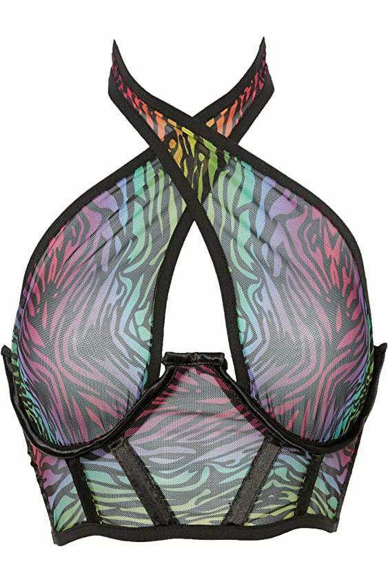 Lavish Rainbow Animal Print Mesh Underwire Cincher w/Built In Halter Top - Daisy Corsets - Flyclothing LLC