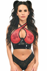 Lavish Red/Black Vinyl & Fishnet Halter Top Underwire Cincher - Daisy Corsets - Flyclothing LLC