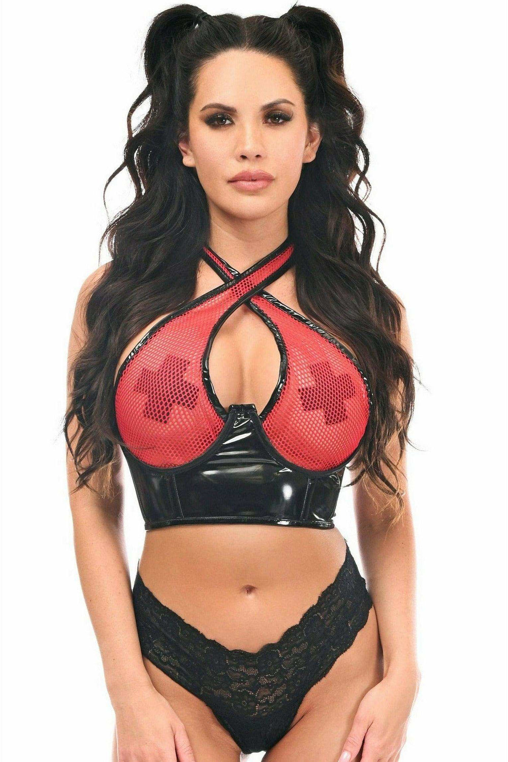 Daisy Corsets Lavish Red/Black Vinyl & Fishnet Halter Top Underwire Cincher - Daisy Corsets