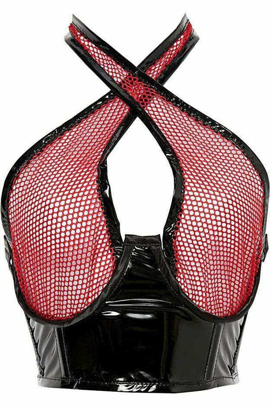 Lavish Red/Black Vinyl & Fishnet Halter Top Underwire Cincher - Daisy Corsets - Flyclothing LLC