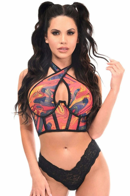 Daisy Corsets Lavish Orange Tie-Dye Mesh Underwire Cincher w/Built In Halter Top - Daisy Corsets - Flyclothing LLC