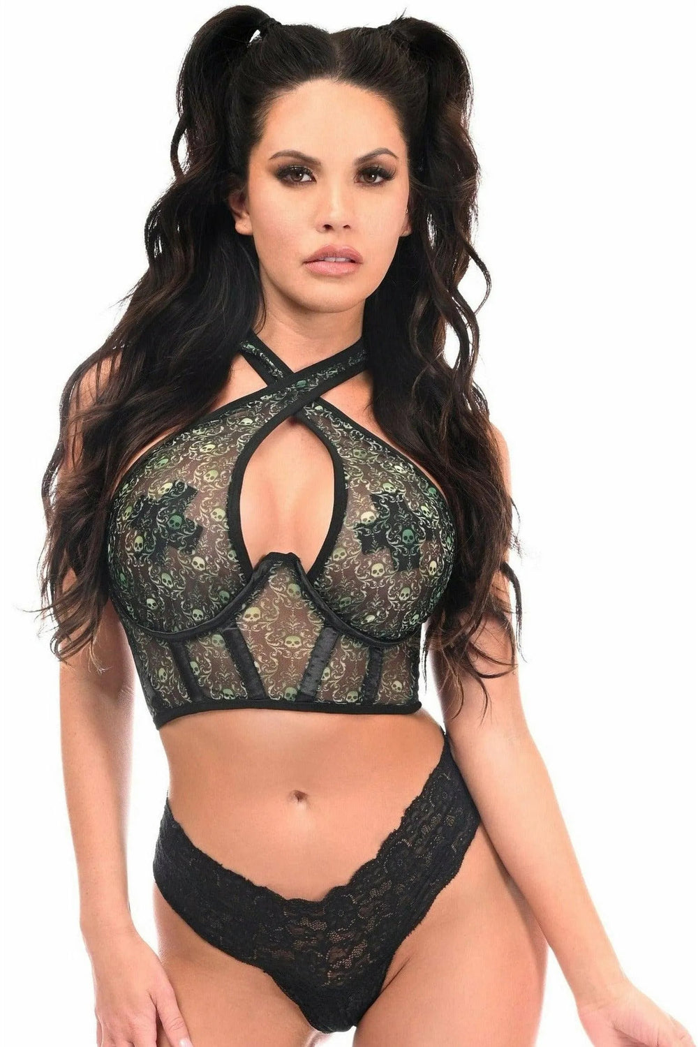 Daisy Corsets Lavish Green Skulls Print Mesh Underwire Cincher w/Built In Halter Top - Daisy Corsets
