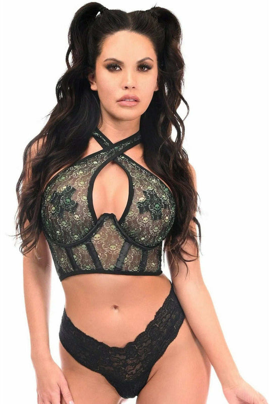 Daisy Corsets Lavish Green Skulls Print Mesh Underwire Cincher w/Built In Halter Top - Daisy Corsets - Flyclothing LLC
