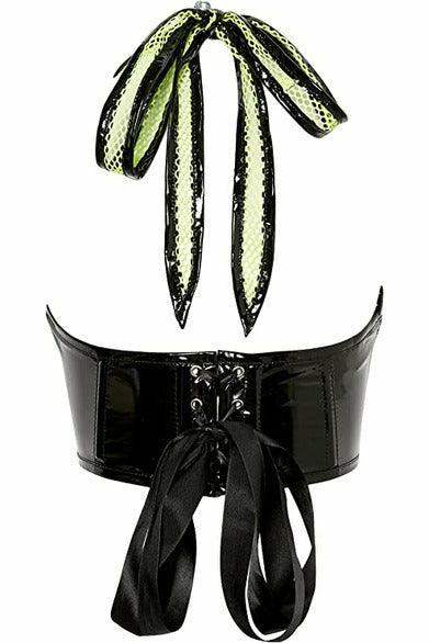 Lavish Neon Green/Black Vinyl & Fishnet Halter Top Underwire Cincher - Daisy Corsets - Flyclothing LLC