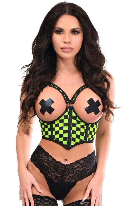 Daisy Corsets Lavish Neon Green Checker Underwire Open Cup Lycra Cincher w/Criss Cross Back - Daisy Corsets - Flyclothing LLC