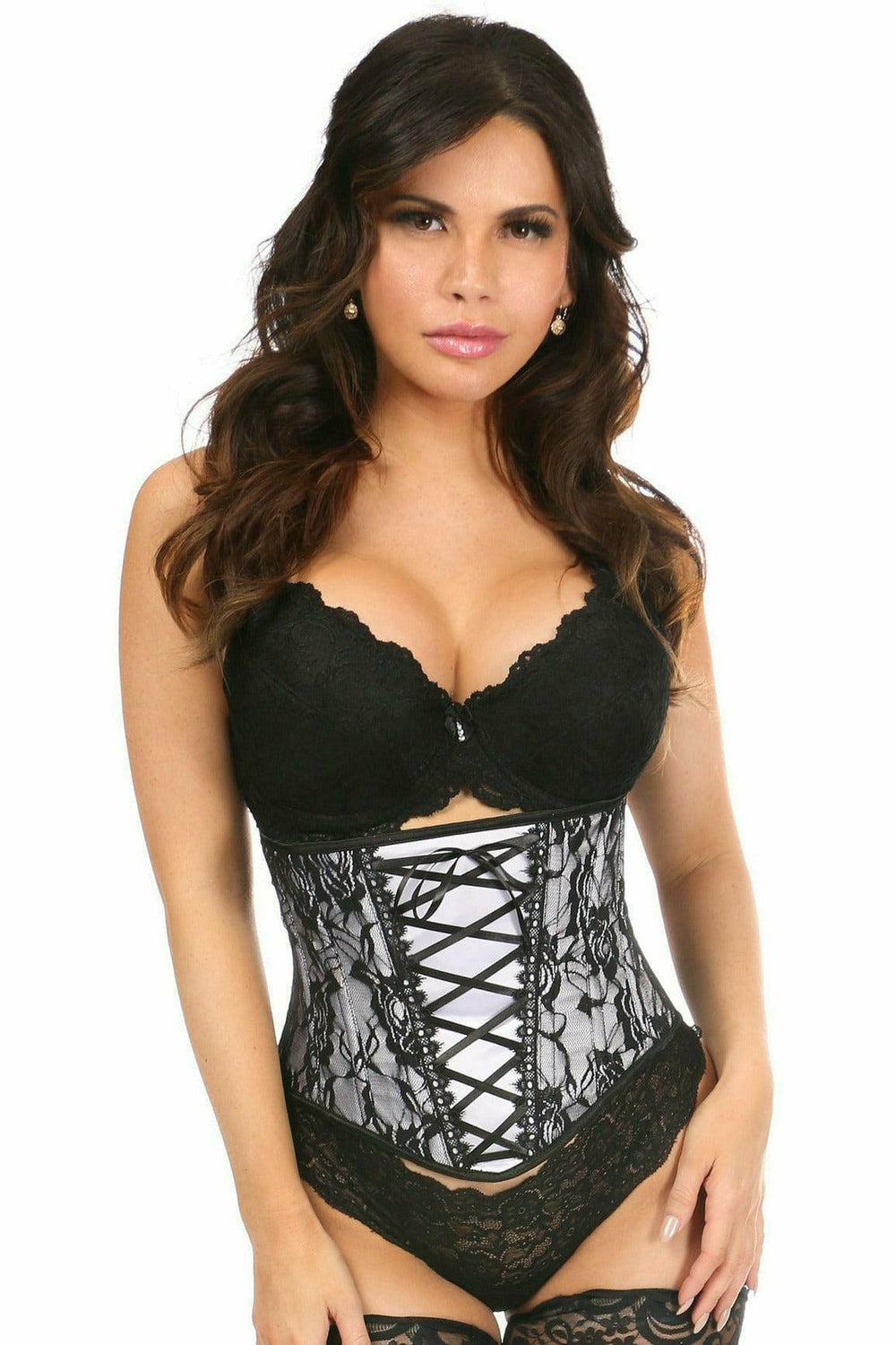 Daisy Corsets Lavish White Lace-Up Underbust Corset w/Black Lace - Daisy Corsets