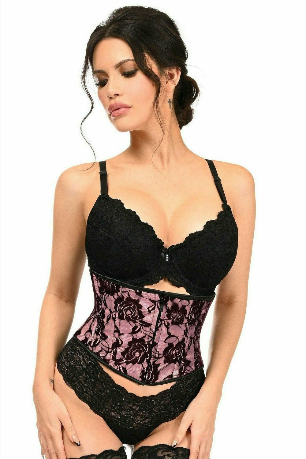 Daisy Corsets Lavish Pink w/Black Lace Overlay Mini Cincher - Daisy Corsets
