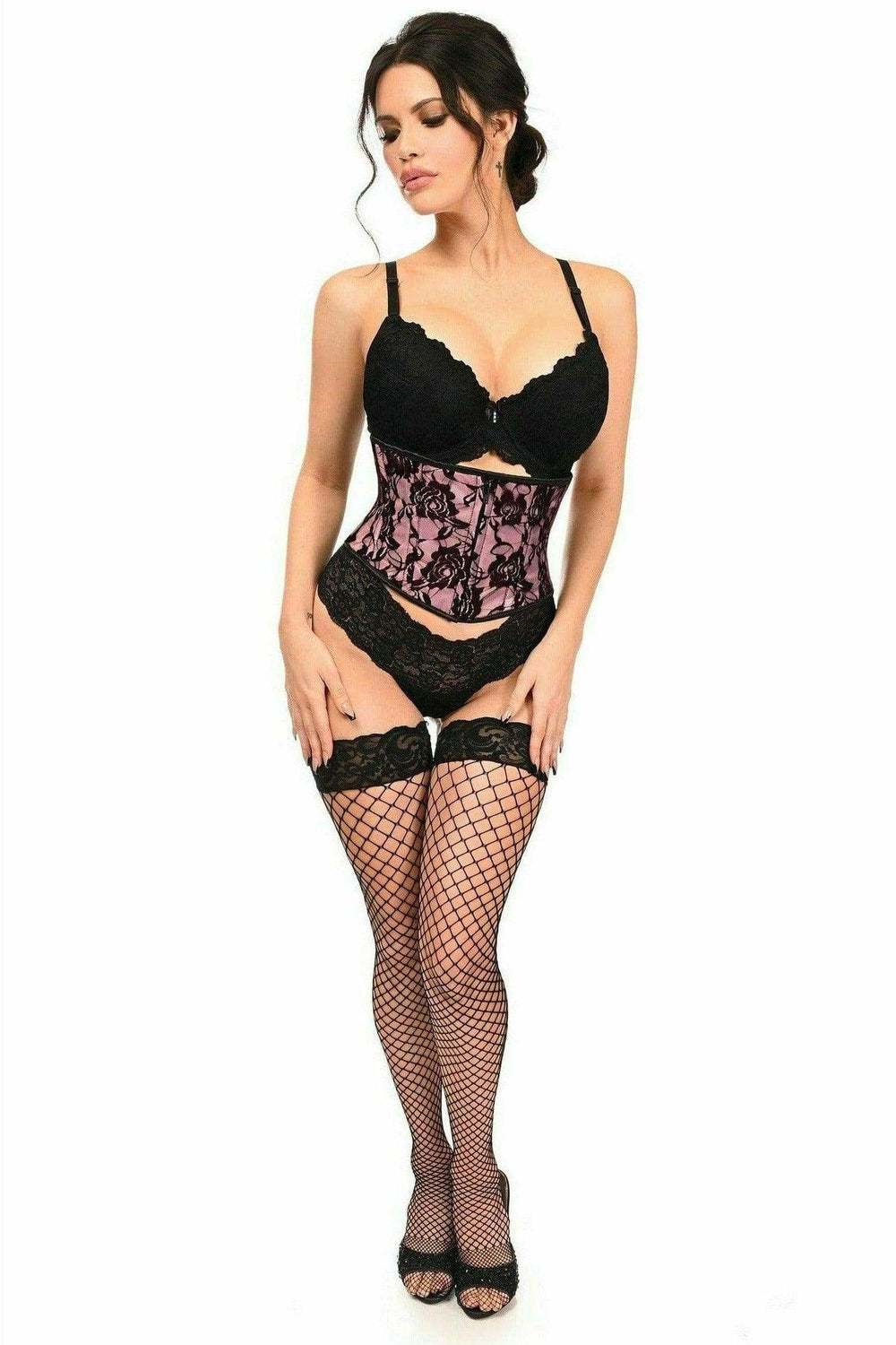 Daisy Corsets Lavish Pink w/Black Lace Overlay Mini Cincher - Daisy Corsets - Flyclothing LLC